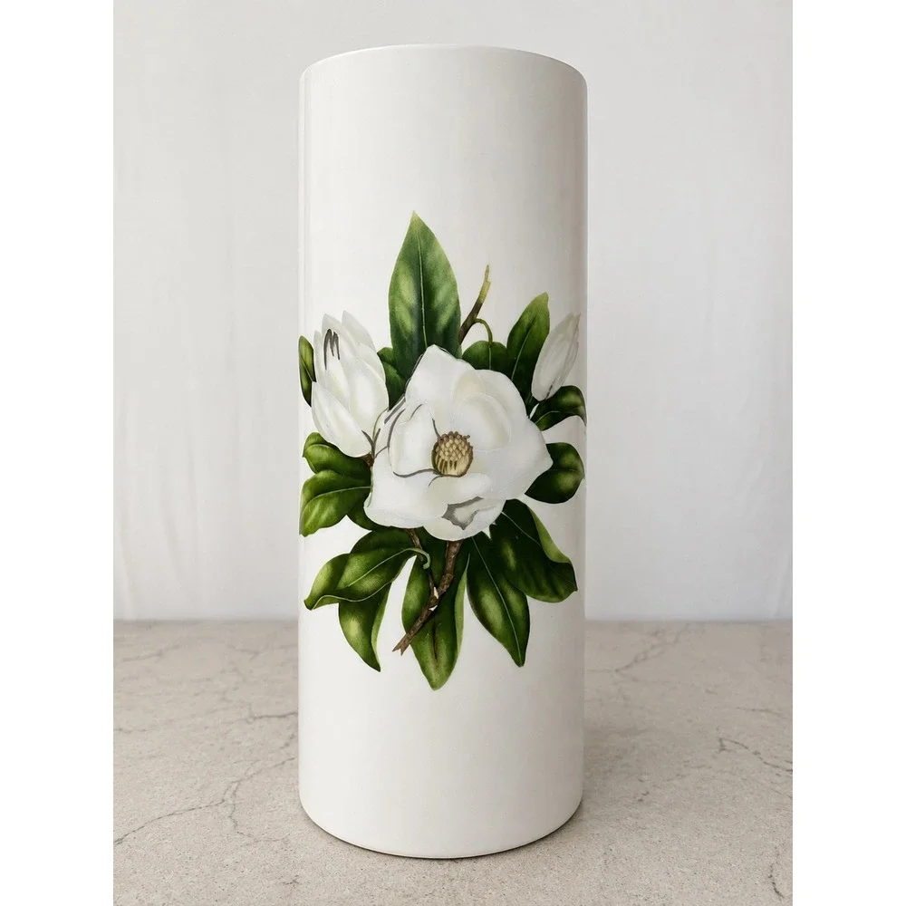 White Ceramic Magnolia Floral Cylinder Vase Tall Botanical Decorative Vessel